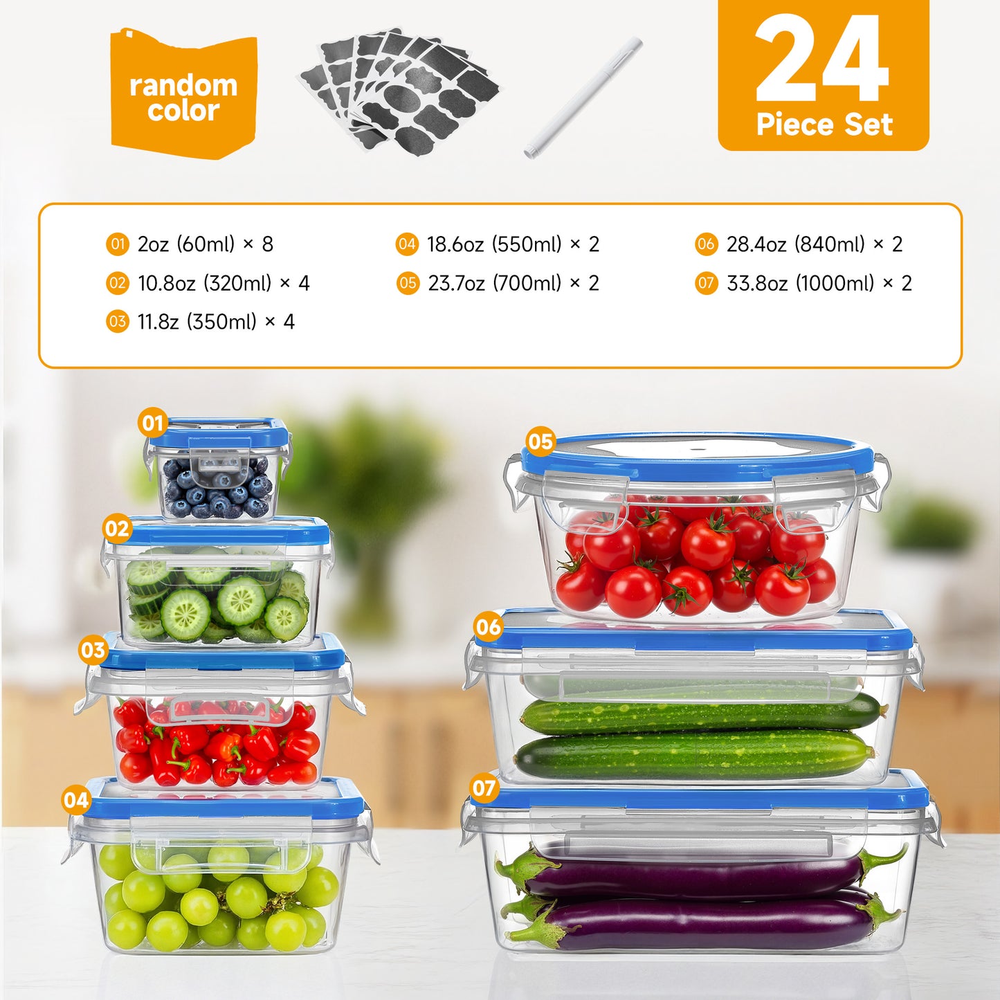 48pcs luxury food storage container set of high quality - sealed design, BPA free, easy to fasten lid, stackable microwave safe - including 24 containers, 24 lids, free labels, and kitchen storage marker pen