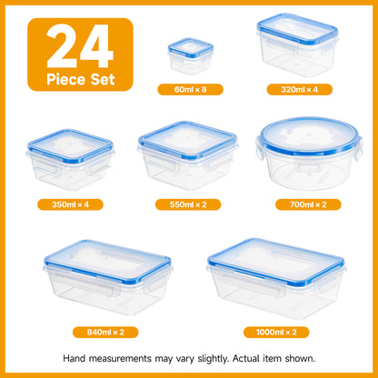 48pcs luxury food storage container set of high quality - sealed design, BPA free, easy to fasten lid, stackable microwave safe - including 24 containers, 24 lids, free labels, and kitchen storage marker pen